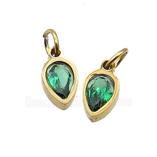 Stainless Steel Teardrop Pendant Pave Green Zircon Gold Plated