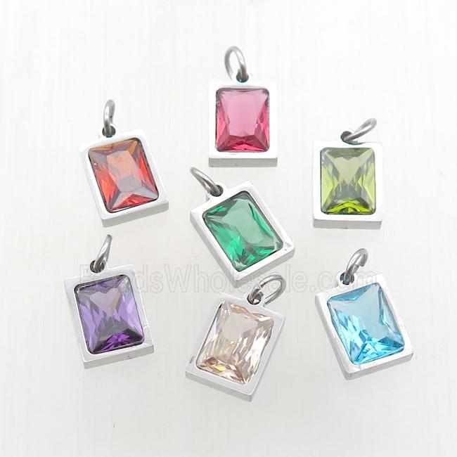 Raw Stainless Steel Rectangle Pendant Pave Zircon Mixed