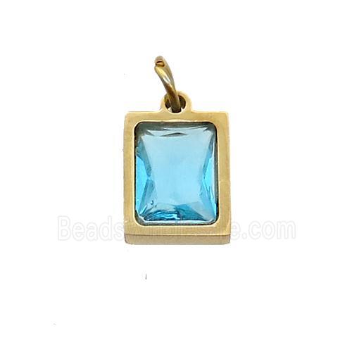 Stainless Steel Rectangle Pendant Pave Aqua Zircon Gold Plated
