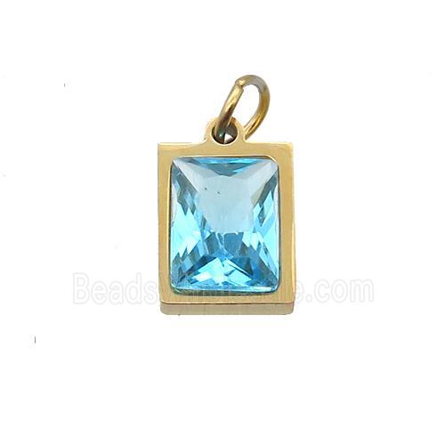Stainless Steel Rectangle Pendant Pave Aqua Zircon Gold Plated
