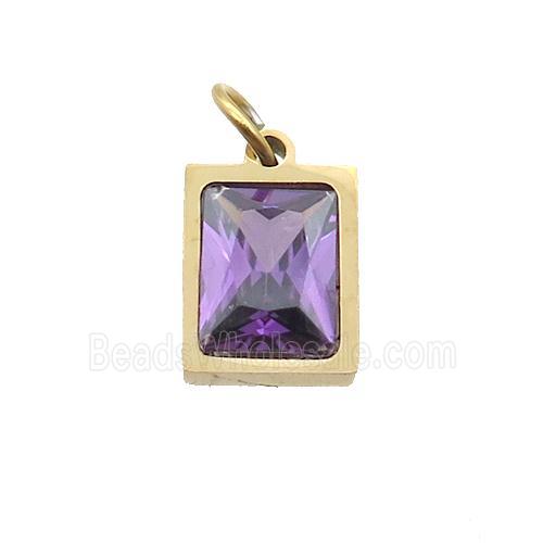 Stainless Steel Rectangle Pendant Pave Purple Zircon Gold Plated