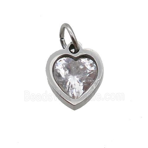 Raw Stainless Steel Heart Pendant Pave Clear Zircon