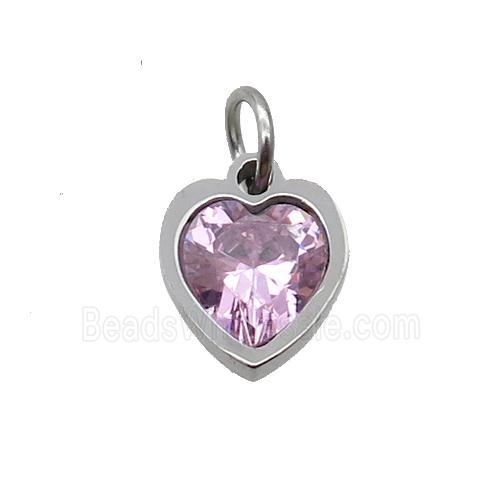 Raw Stainless Steel Heart Pendant Pave Pink Zircon