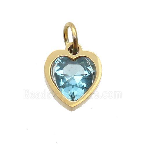 Stainless Steel Heart Pendant Pave Aqua Zircon Gold Plated