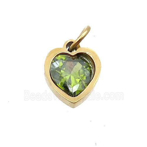 Stainless Steel Heart Pendant Pave Olive Zircon Gold Plated