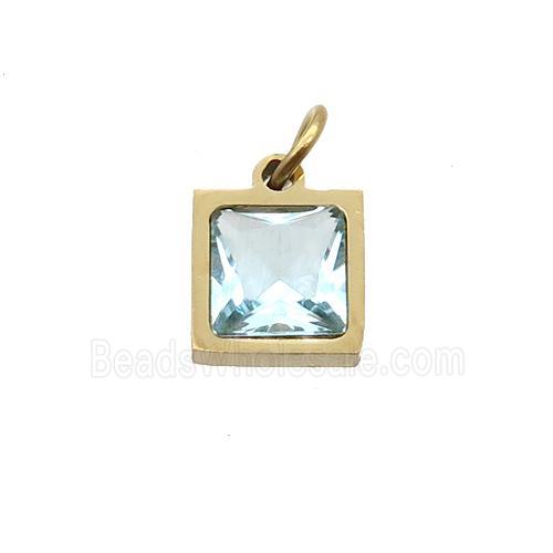 Stainless Steel Square Pendant Pave Aqua Zircon Gold Plated