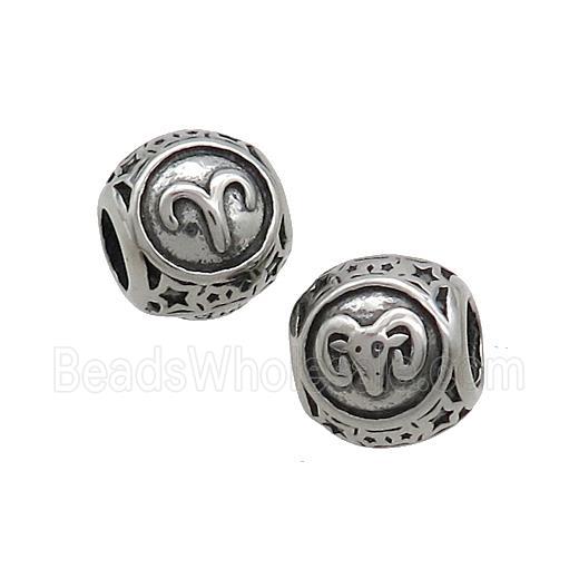 Stainless Steel Round Beads Zodiac Aries Antique Silver