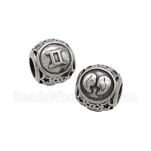 Stainless Steel Round Beads Zodiac Gemini Antique Silver