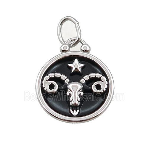 Raw Stainless Steel Aries Zodiac Charms Pendant Circle Black Enamel