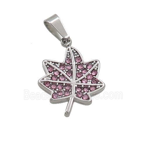 Raw Stainless Steel Maple Leaf Pendant Pave Pink Rhinestone