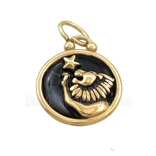 Stainless Steel Leo Zodiac Charms Pendant Circle Black Enamel Gold Plated