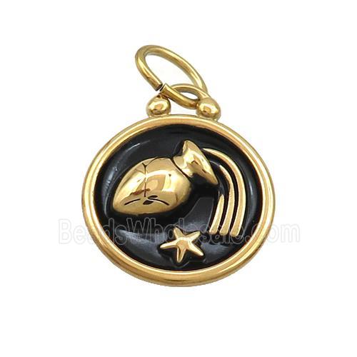 Stainless Steel Aquarius Zodiac Charms Pendant Circle Black Enamel Gold Plated