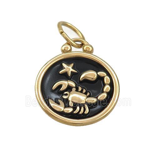 Stainless Steel Scorpio Zodiac Charms Pendant Circle Black Enamel Gold Plated