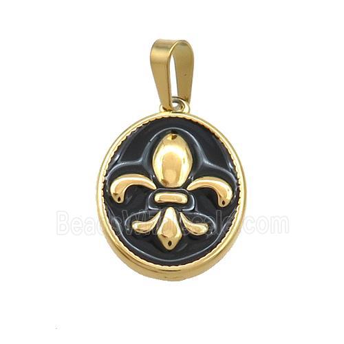 Stainless Steel Fleur-De-Lis Charms Pendant Oval Black Enamel Gold Plated