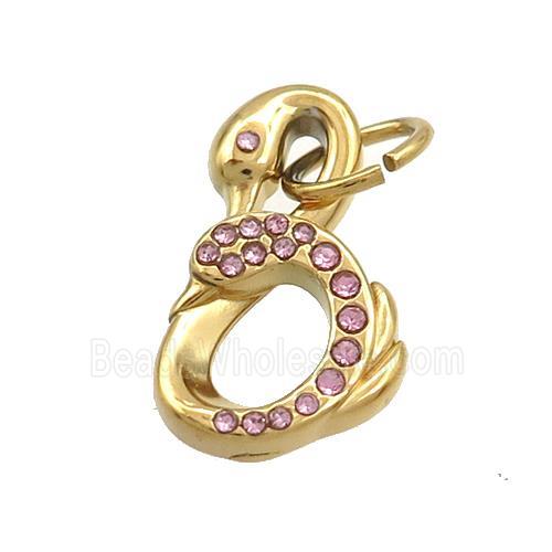 Stainless Steel Swan Pendant Pave Pink Rhinestone Gold Plated
