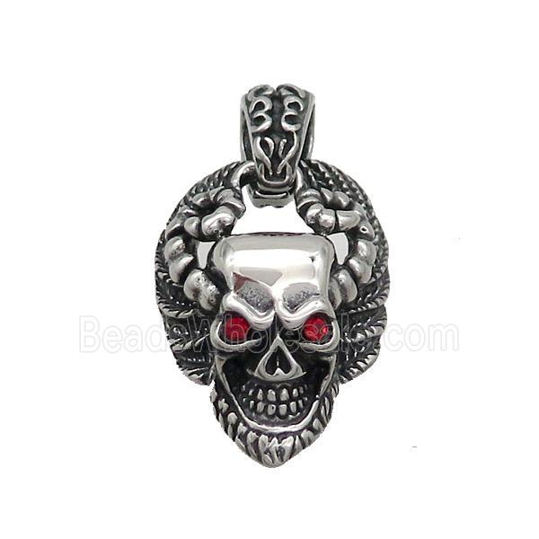 Stainless Steel Skull Charms Pendant Pave Rhinestone Antique Silver