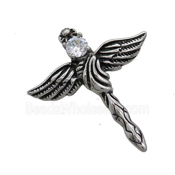 Stainless Steel Cross Pendant Pave Rhinestone Angel Wings Antique Silver