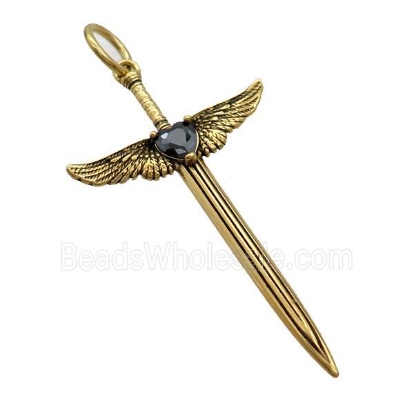 Stainless Steel Cross Pendant Pave Rhinestone Angel Wings Antique Gold
