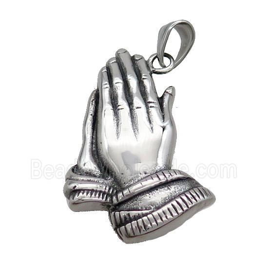 Stainless Steel Praying Hands Pendant Buddhist Antique Silver