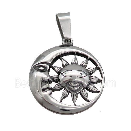 Stainless Steel Sun Moon Crescent Circle Medal Pendant Antique Silver