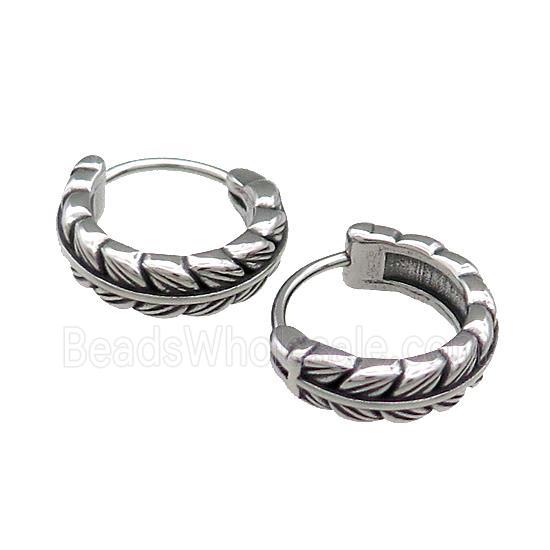 Stainless Steel Hoop Earrings Feather Antique Silver