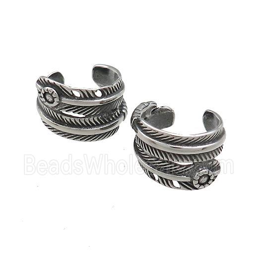 Stainless Steel Clip Earrings Feather Antique Silver