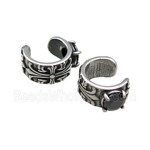 Stainless Steel Clip Earrings Pave Rhinestone Fleur De Lis Antique Silver