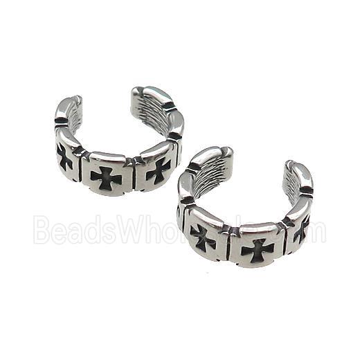Stainless Steel Clip Earrings Cuff Cross Antique Silver