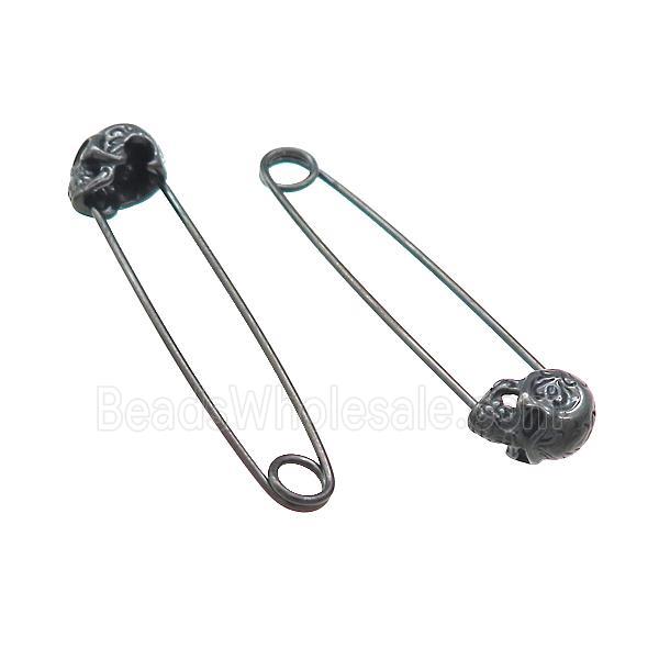 Stainless Steel Safety Pins Skull Black Plated