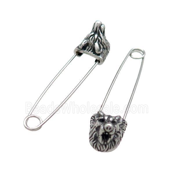 Stainless Steel Safety Pins Lion Antique Silver