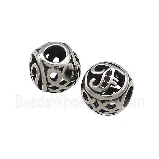 Titanium Steel Round Beads Letter-F Large Hole Hollow Antique Silver