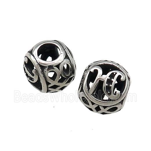 Titanium Steel Round Beads Letter-H Large Hole Hollow Antique Silver