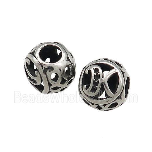 Titanium Steel Round Beads Letter-K Large Hole Hollow Antique Silver