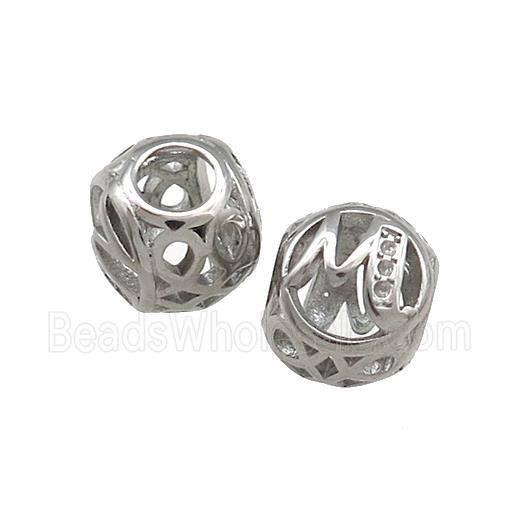 Raw Titanium Steel Round Beads Letter-M Large Hole Hollow