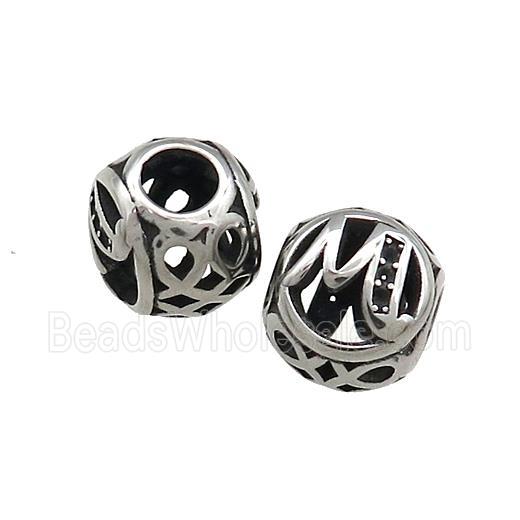 Titanium Steel Round Beads Letter-M Large Hole Hollow Antique Silver