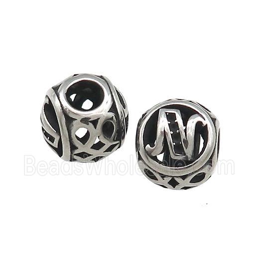 Titanium Steel Round Beads Letter-N Large Hole Hollow Antique Silver