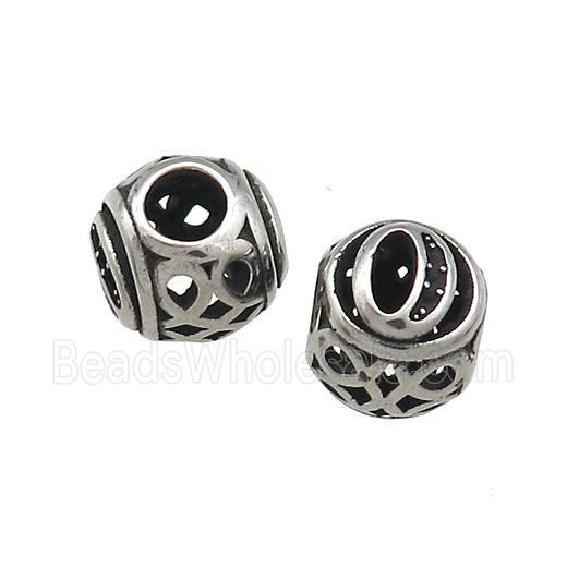 Titanium Steel Round Beads Letter-O Large Hole Hollow Antique Silver
