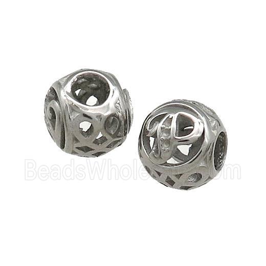 Raw Titanium Steel Round Beads Letter-P Large Hole Hollow
