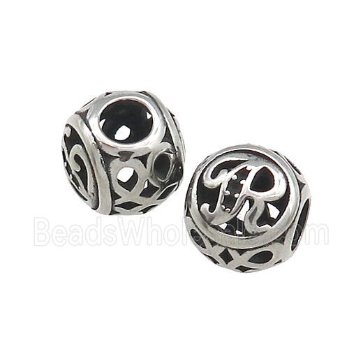 Titanium Steel Round Beads Letter-R Large Hole Hollow Antique Silver