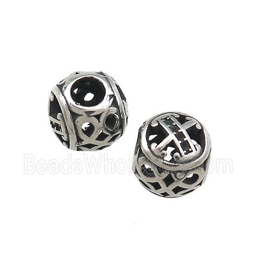 Titanium Steel Round Beads Letter-X Large Hole Hollow Antique Silver