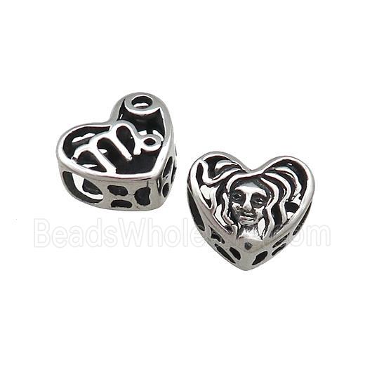 Titanium Steel Heart Beads Zodiac Virgo Large Hole Hollow Antique Silver