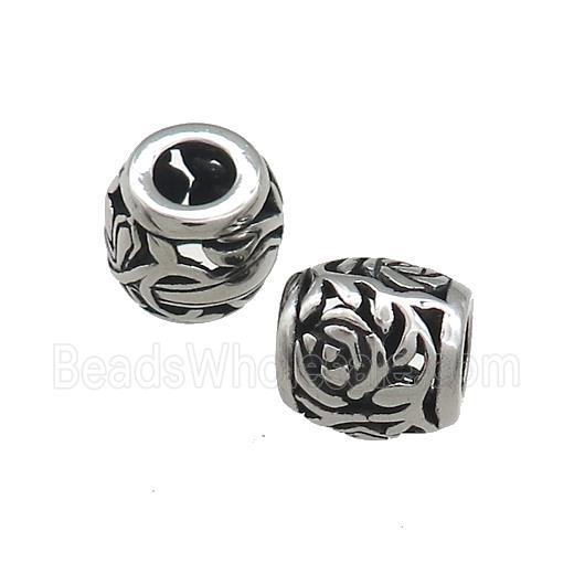 Titanium Steel Barrel Beads Flower Large Hole Hollow Antique Silver