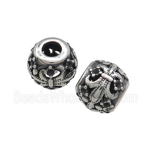 Titanium Steel Round Beads Large Hole Hollow Fleur De Lis Antique Silver