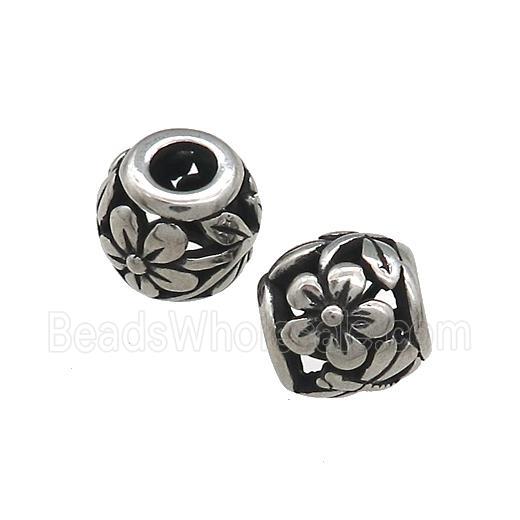 Titanium Steel Round Beads Large Hole Hollow Flower Antique Silver