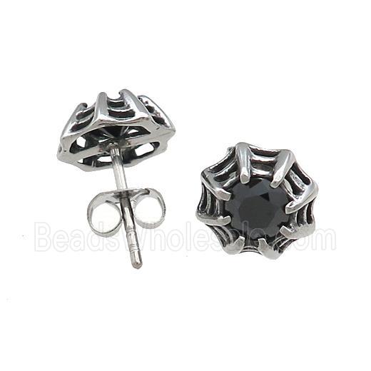 Stainless Steel Stud Earring Pave Rhinestone Cobweb Antique Silver