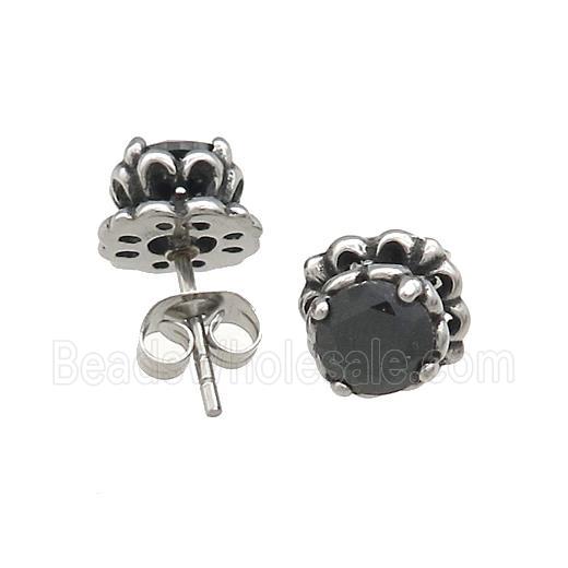 Stainless Steel Stud Earring Pave Rhinestone Lotus Antique Silver