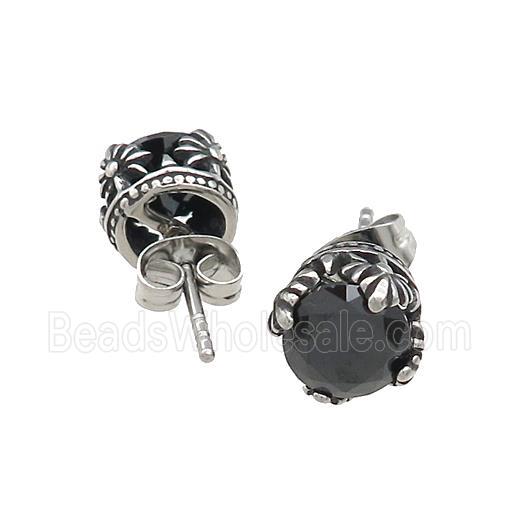 Stainless Steel Stud Earring Pave Rhinestone Antique Silver