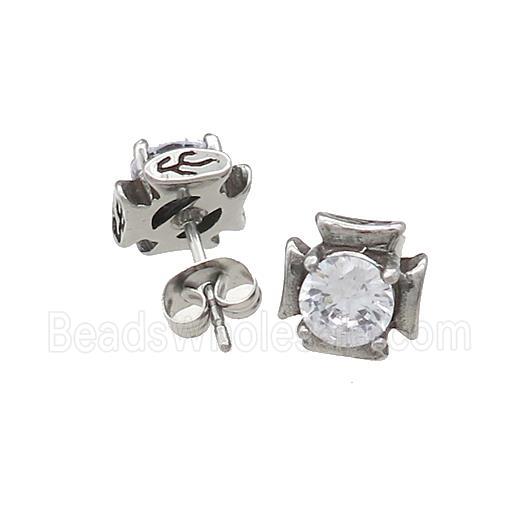 Stainless Steel Stud Earring Pave Rhinestone Antique Silver
