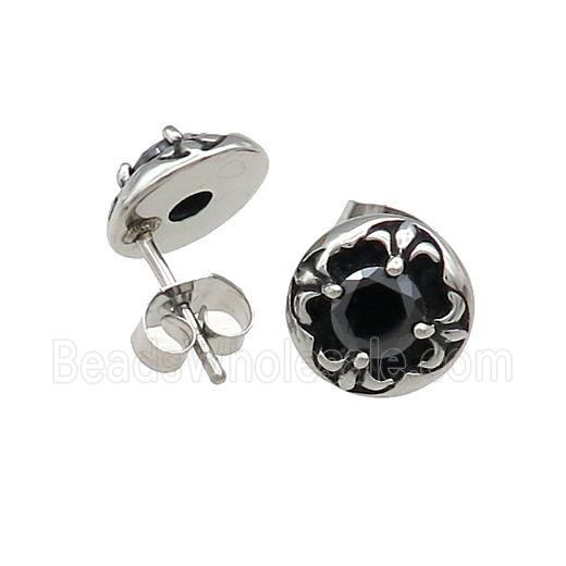 Stainless Steel Stud Earring Pave Rhinestone Flower Of Lily Antique Silver