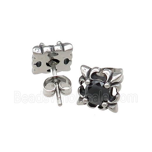 Stainless Steel Stud Earring Pave Rhinestone Antique Silver